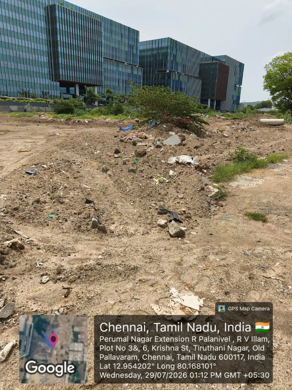 TVS Emerald Avalon site photo, Zamin Pallavaram, Chennai — cleared site beside the neighbouring IT office campus, 29 July 2026