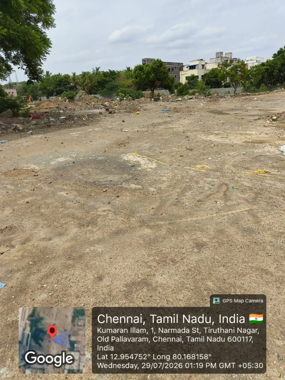 TVS Emerald Avalon site photo, Zamin Pallavaram, Chennai — levelled site with setting-out lines, 29 July 2026