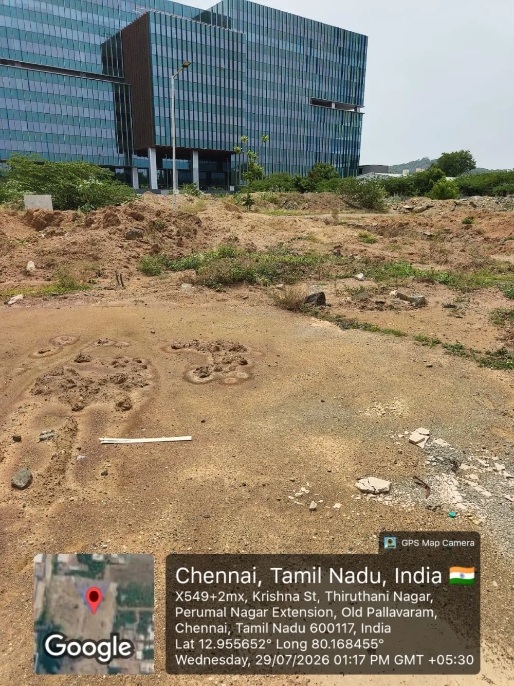 TVS Emerald Avalon site photo, Zamin Pallavaram, Chennai — site frontage facing the IT office campus, 29 July 2026
