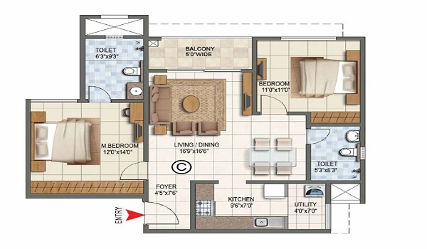 2 BHK, 965+ sq.ft. floor plan layout at TVS Emerald Avalon showing living, dining, two bedrooms and balcony