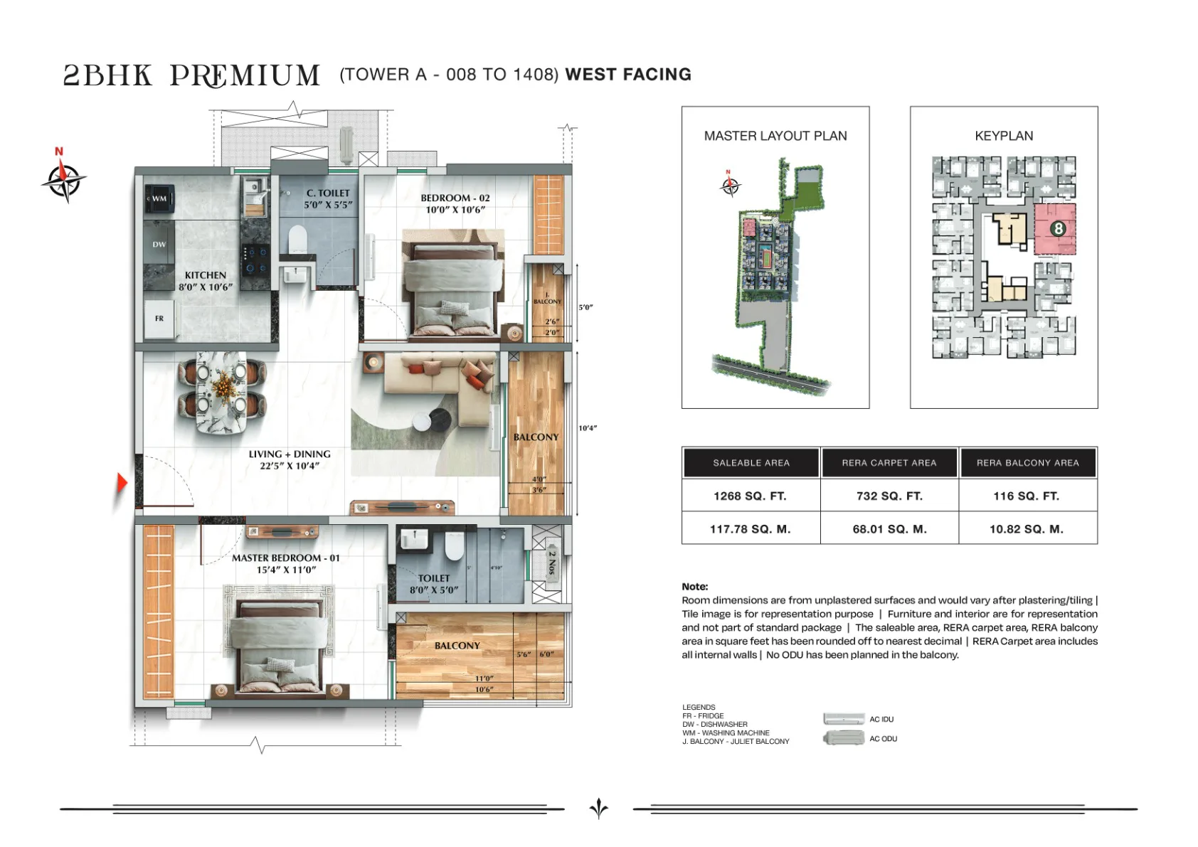TVS Emerald Avalon 2 BHK Premium floor plan, 1,268 sq.ft., Tower A