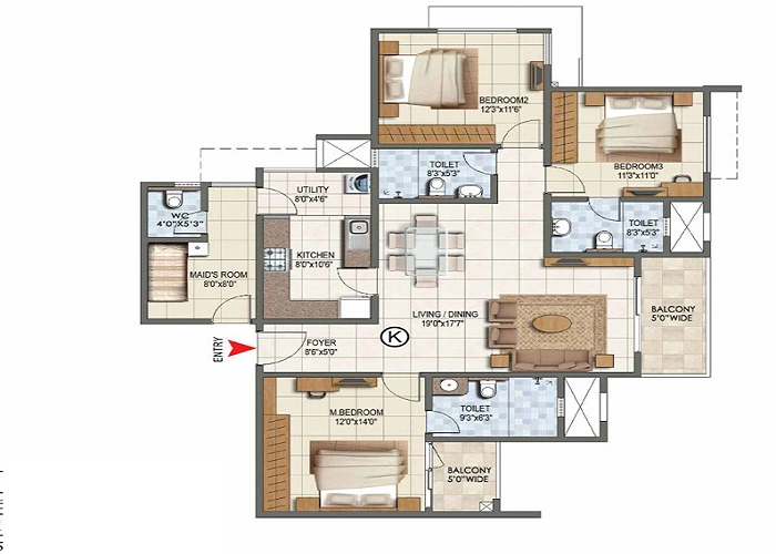 3 BHK, 1,540–1,700 sq.ft. floor plan layout at TVS Emerald Avalon showing living, dining, three bedrooms and balconies