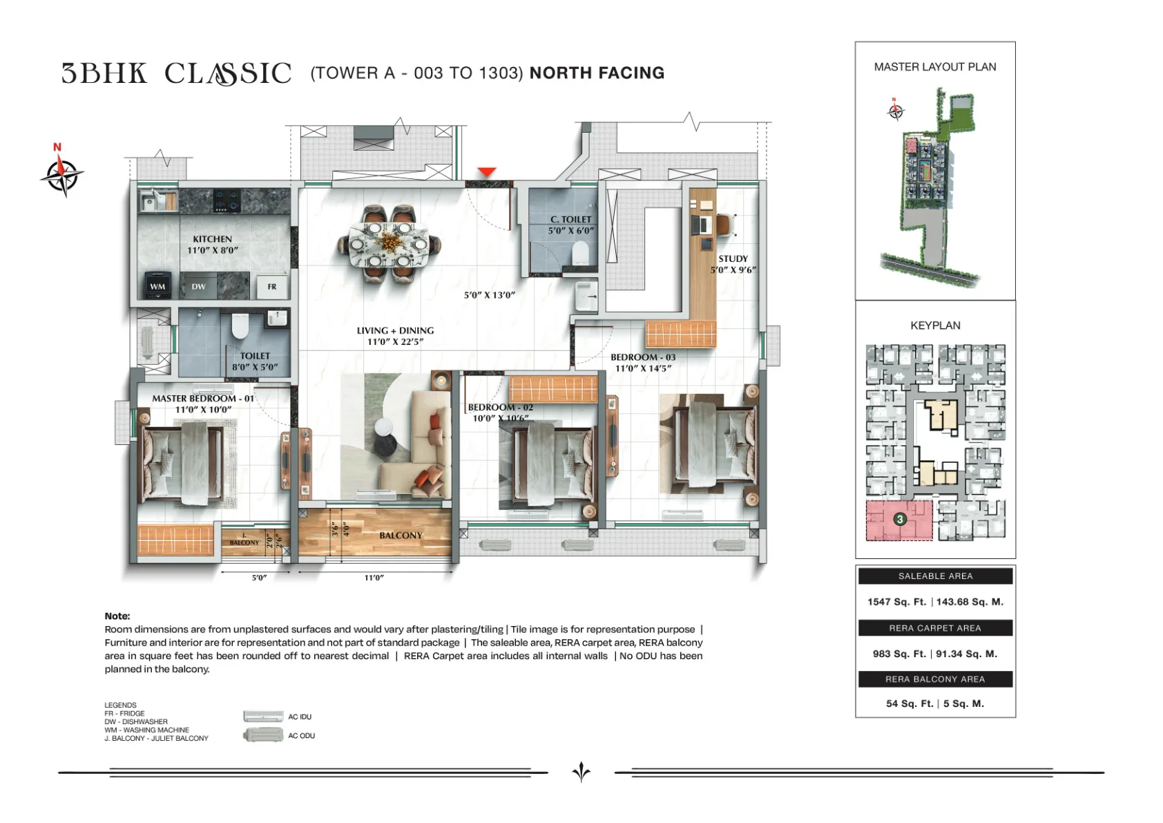 TVS Emerald Avalon 3 BHK Classic floor plan, 1,547 sq.ft., Tower A
