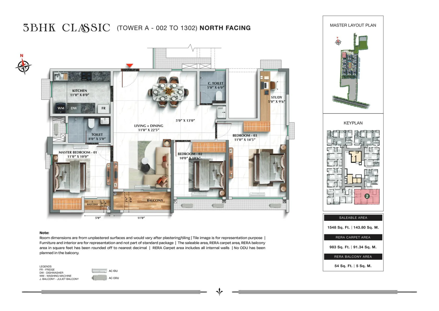 TVS Emerald Avalon 3 BHK Classic, 1,548 sq.ft., Tower A, North facing floor plan