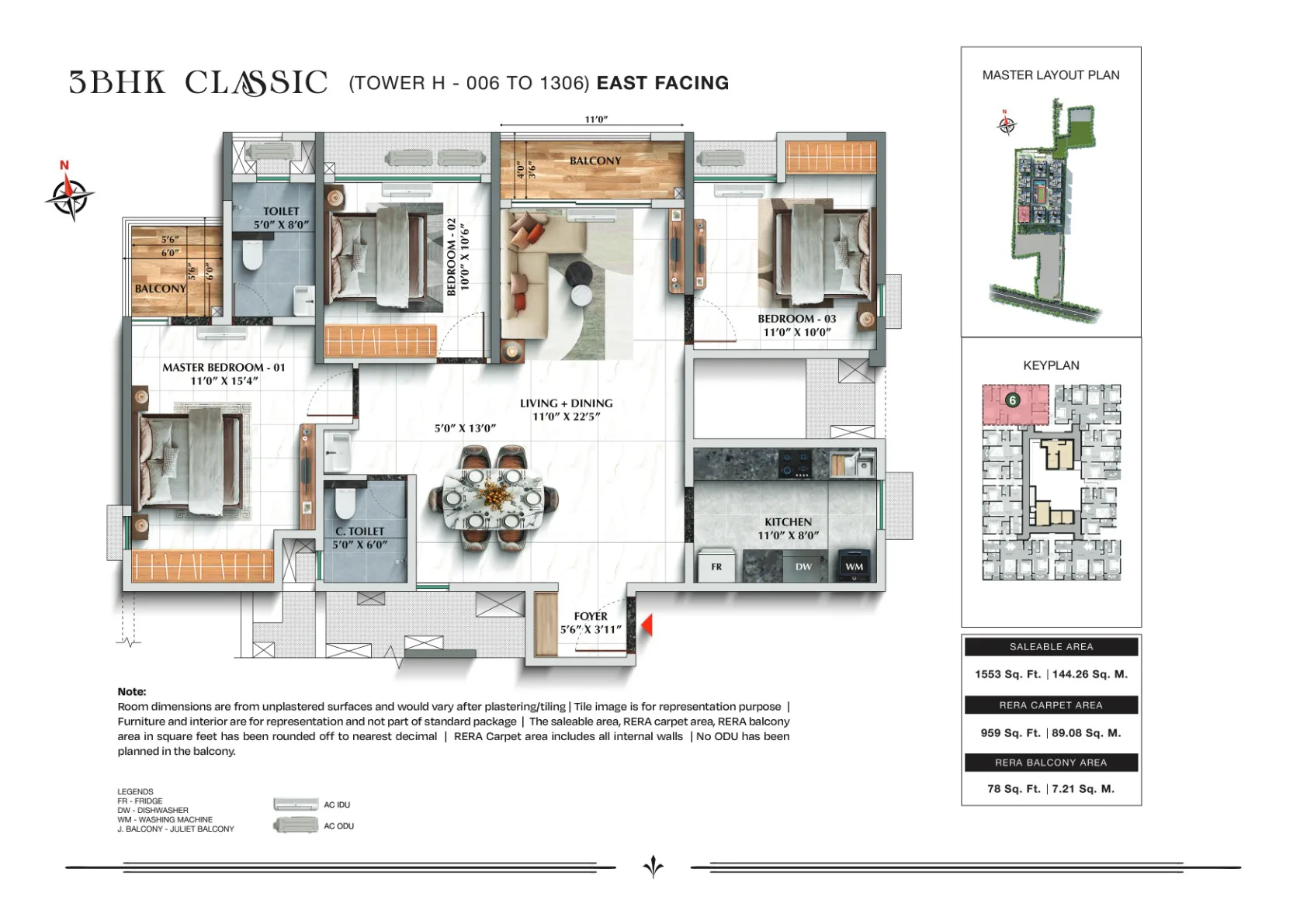TVS Emerald Avalon 3 BHK Classic, 1,553 sq.ft., Tower H, East facing floor plan