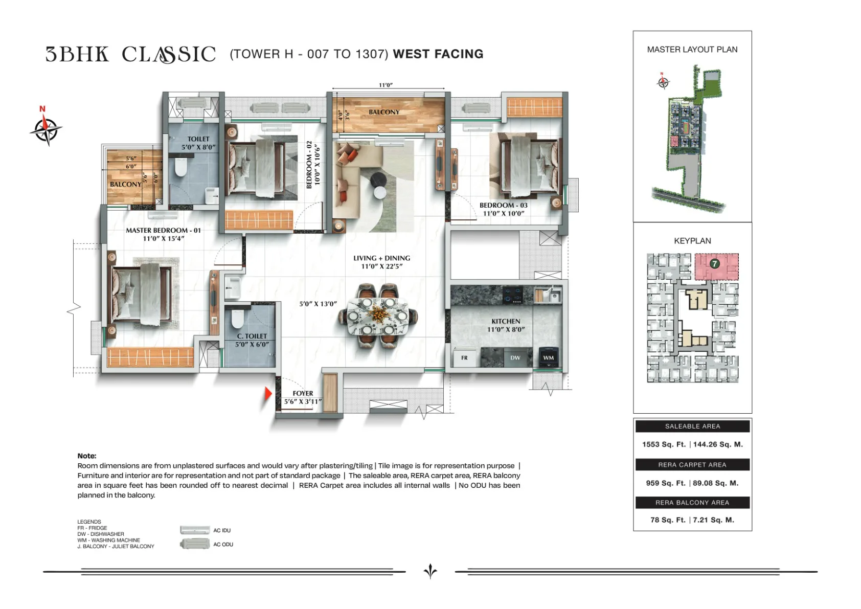 TVS Emerald Avalon 3 BHK Classic, 1,553 sq.ft., Tower H, West facing floor plan