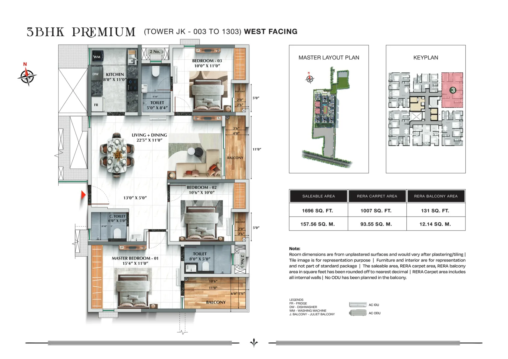 TVS Emerald Avalon 3 BHK Premium, 1,696 sq.ft., Towers J&K, West facing floor plan