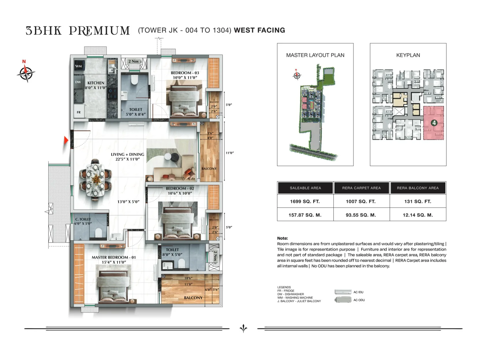 TVS Emerald Avalon 3 BHK Premium, 1,699 sq.ft., Towers J&K, West facing floor plan
