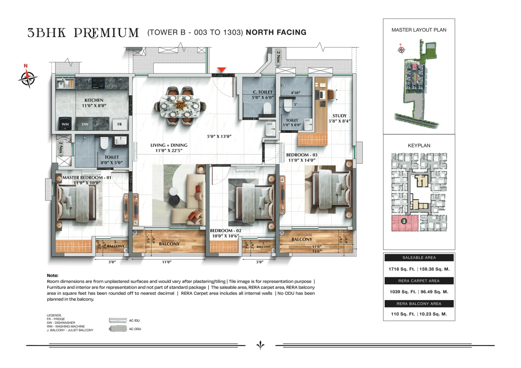 TVS Emerald Avalon 3 BHK Premium, 1,716 sq.ft., Tower B, North facing floor plan
