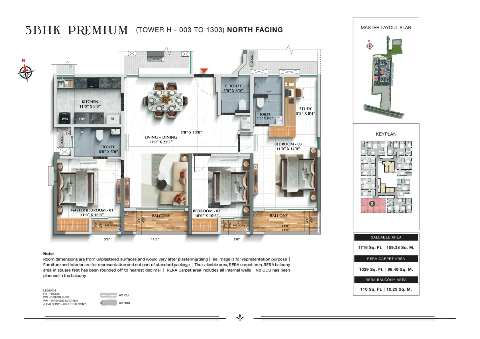 TVS Emerald Avalon 3 BHK Premium, 1,716 sq.ft., Tower H, North facing floor plan