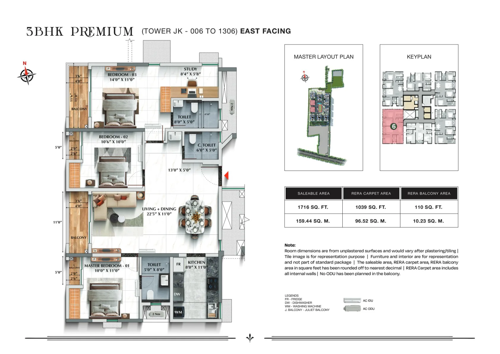 TVS Emerald Avalon 3 BHK Premium, 1,716 sq.ft., Towers J&K, East facing floor plan