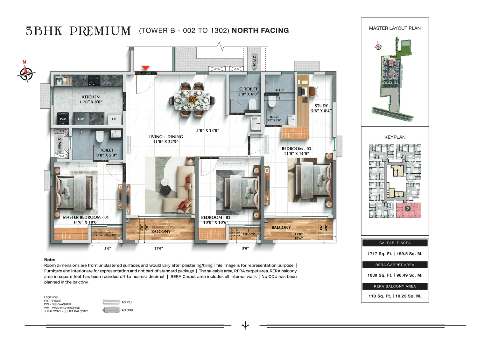 TVS Emerald Avalon 3 BHK Premium, 1,717 sq.ft., Tower B, North facing floor plan