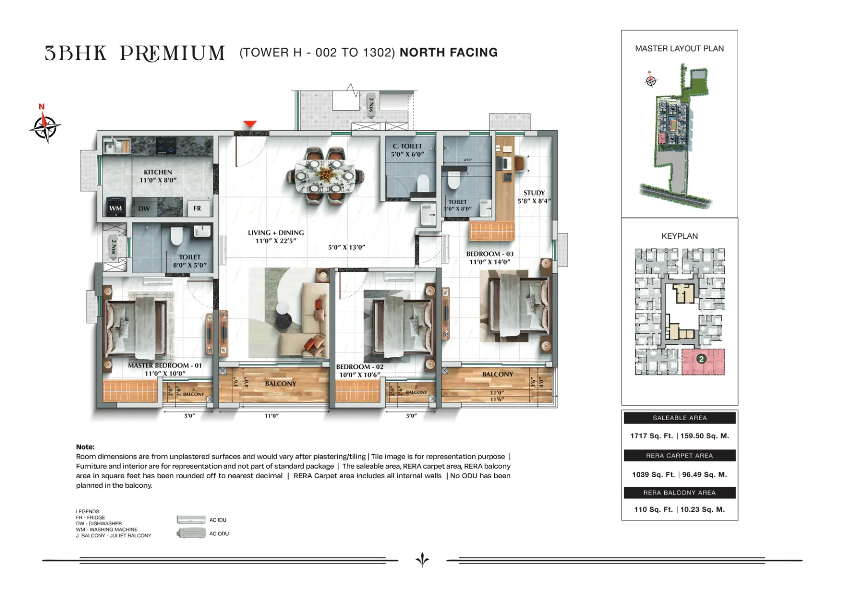 TVS Emerald Avalon 3 BHK Premium, 1,717 sq.ft., Tower H, North facing floor plan