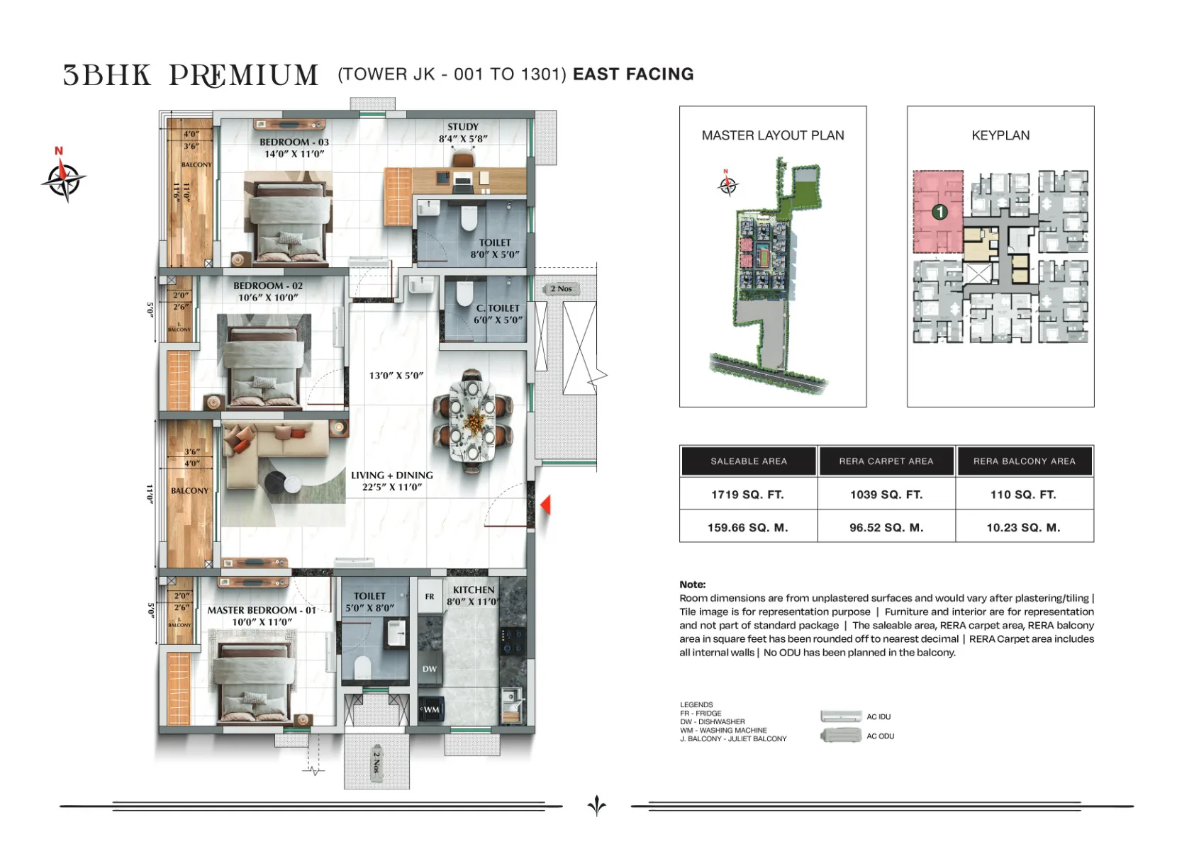 TVS Emerald Avalon 3 BHK Premium, 1,719 sq.ft., Towers J&K, East facing floor plan