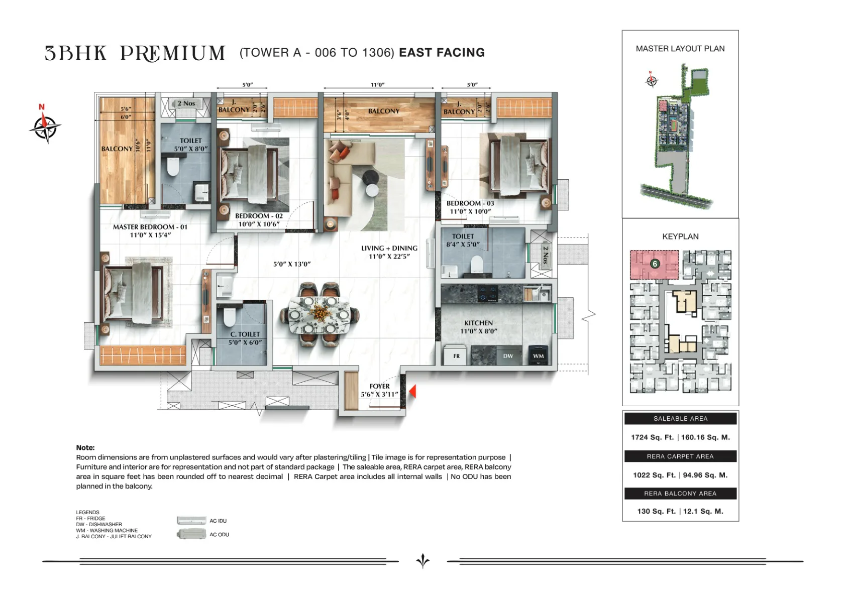 TVS Emerald Avalon 3 BHK Premium floor plan, 1,724 sq.ft., Tower A
