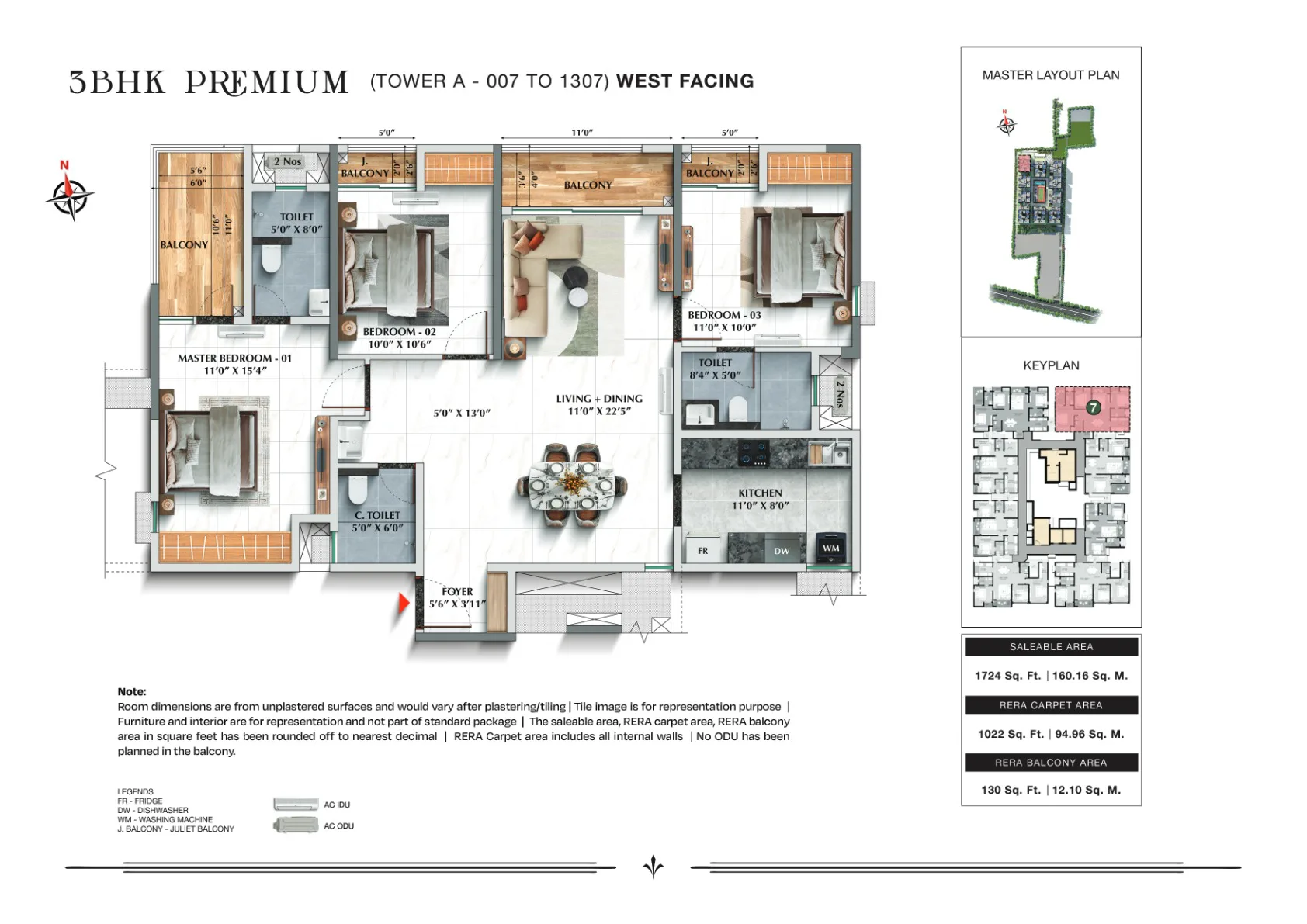 TVS Emerald Avalon 3 BHK Premium, 1,724 sq.ft., Tower A, West facing floor plan