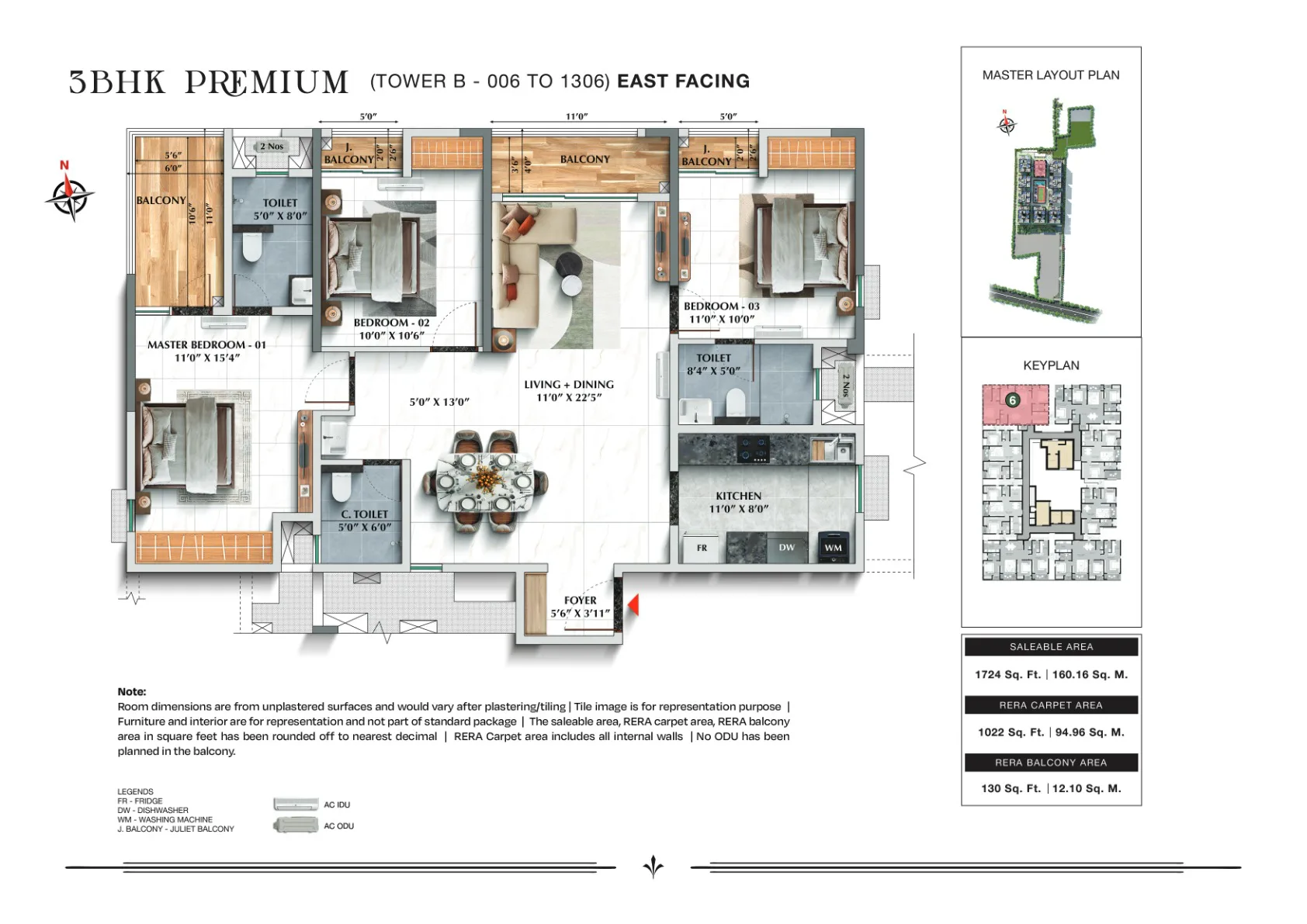 TVS Emerald Avalon 3 BHK Premium, 1,724 sq.ft., Tower B, East facing floor plan