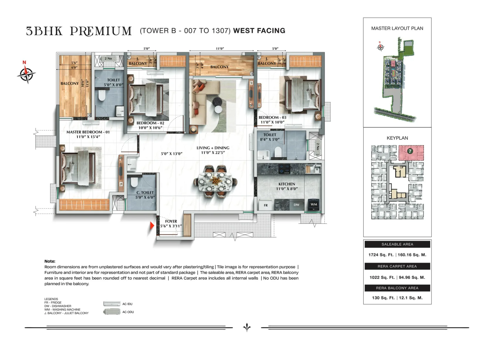 TVS Emerald Avalon 3 BHK Premium, 1,724 sq.ft., Tower B, West facing floor plan